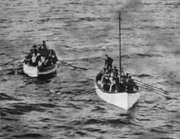 Two Titanic lifeboats aproach the Carpathia